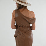 OFF THE EDGE TWISTED SHOULDER FAUX LEATHER DRESS