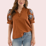 SIDEWALK CAFE COTTON FLORAL SLEEVE BLOUSE
