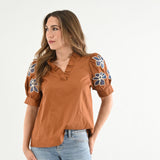 SIDEWALK CAFE COTTON FLORAL SLEEVE BLOUSE