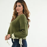 ALL TIED UP OLIVE GREEN LACE UP TIE DETAIL SWEATER