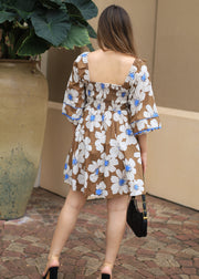 ROMANTIC LOVER CAMEL FLORAL PUFF SLEEVE DRESS