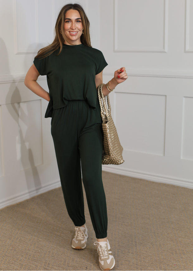 ELAN SHORT SLEEVE T SHIRT DARK GREEN JUMPSUIT Anything Bling Boutique