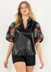 MIXED MEDIA EMBROIDERED PUFF SLEEVE TOP