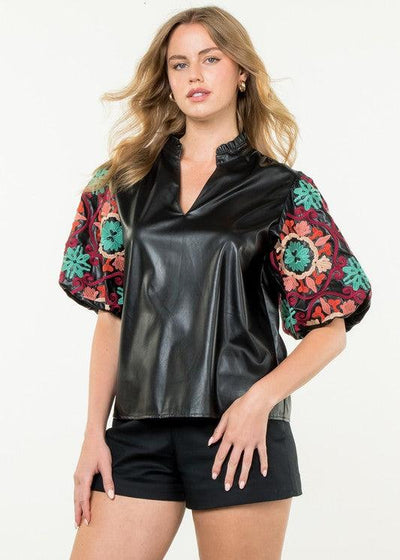 MIXED MEDIA EMBROIDERED PUFF SLEEVE TOP