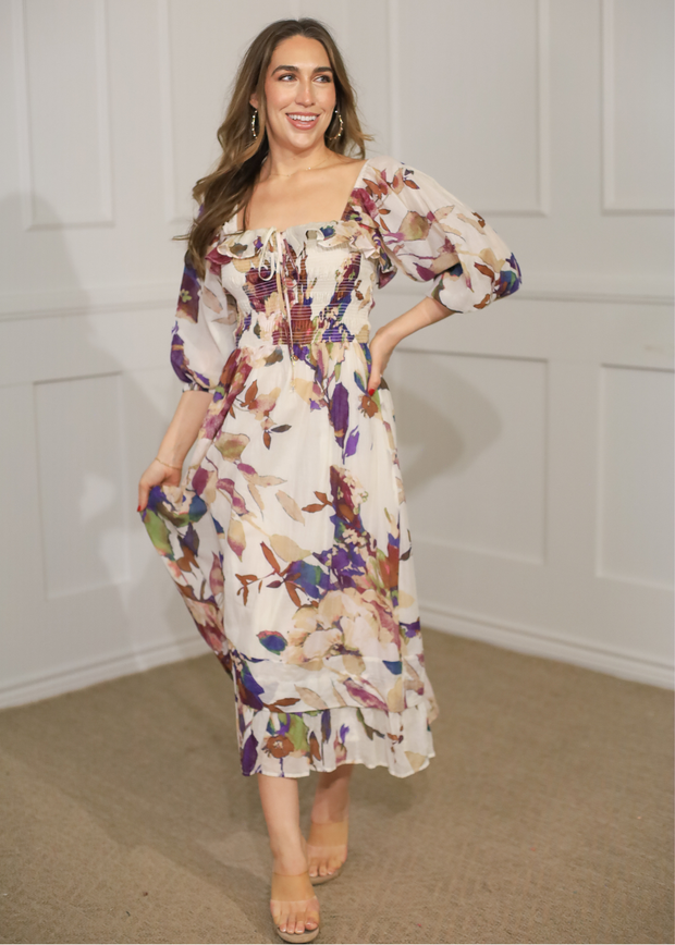 FULL BLOOM FLORAL RUFFLE TRIMMED MIDI DRESS