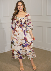 FULL BLOOM FLORAL RUFFLE TRIMMED MIDI DRESS