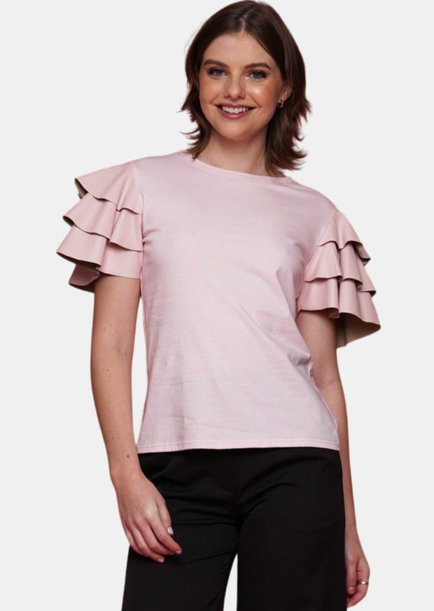 FASHIONABLY FAUX LEATHER RUFFLE TOP