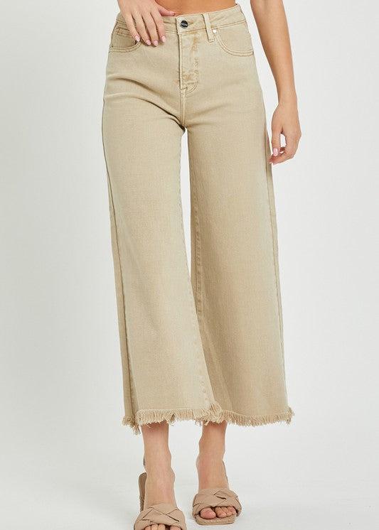 RISEN HIGH RISE CROP WIDE LEG JEANS - KHAKI