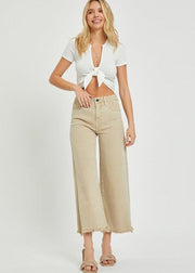 RISEN HIGH RISE CROP WIDE LEG JEANS - KHAKI