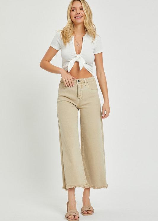 RISEN HIGH RISE CROP WIDE LEG JEANS - KHAKI