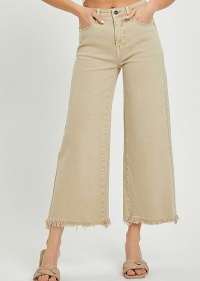 RISEN HIGH RISE CROP WIDE LEG JEANS - KHAKI