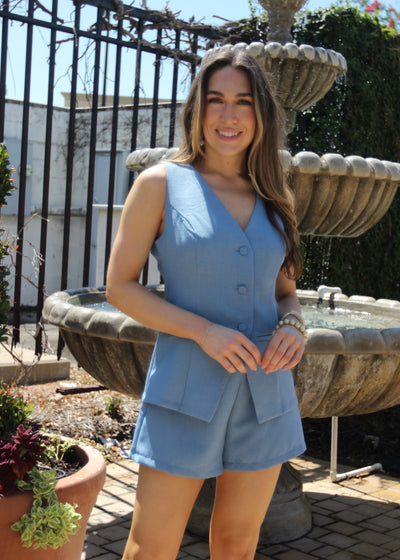 CITY STROLLS BLUE SLEEVELESS VEST ROMPER