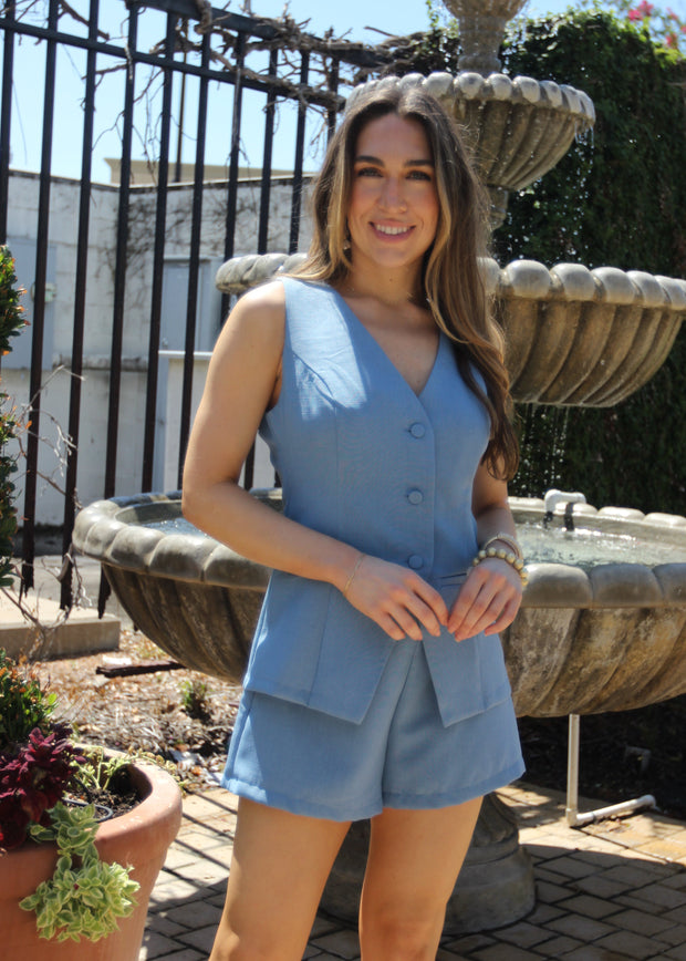 CITY STROLLS BLUE SLEEVELESS VEST ROMPER