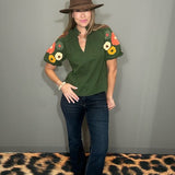 BLOOMS AT DUSK OLIVE EMBROIDERED SLEEVE TOP