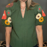 BLOOMS AT DUSK OLIVE EMBROIDERED SLEEVE TOP
