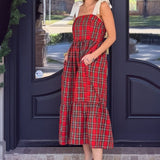 WRAPPED IN A BOW RED PLAID MAXI DRESS