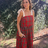 WRAPPED IN A BOW RED PLAID MAXI DRESS