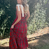 WRAPPED IN A BOW RED PLAID MAXI DRESS