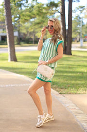 VACAY MODE GREEN AND CREAM STRIPE SHORTS