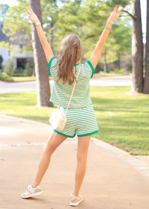 VACAY MODE GREEN AND CREAM STRIPE SHORTS