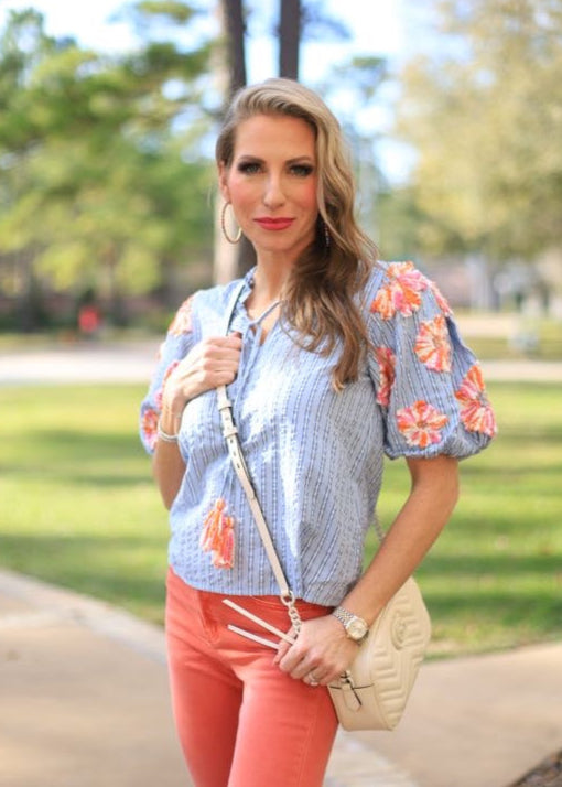 SPRINGTIME SPLENDOR HAND EMBROIDERED BLUE STRIPE TOP