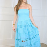 ONLINE EXCLUSIVE:  HEAT WAVE EYELET STRAPLESS TUBE DRESS - MULTIPLE COLORS