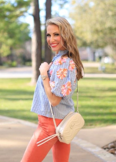 SPRINGTIME SPLENDOR HAND EMBROIDERED BLUE STRIPE TOP