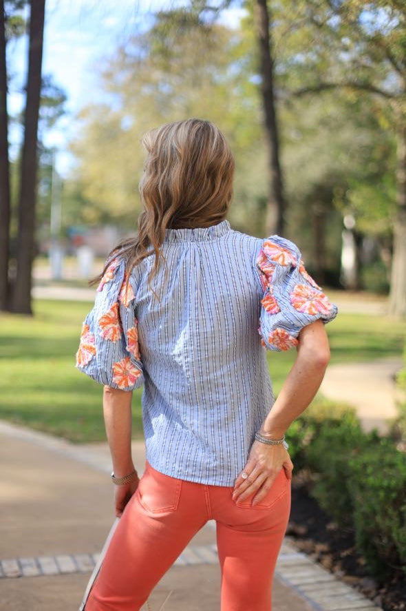 SPRINGTIME SPLENDOR HAND EMBROIDERED BLUE STRIPE TOP