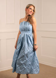 ONE ENCHANTED EVENING STRAPLESS BLUE MIDI DRESS