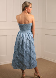 ONE ENCHANTED EVENING STRAPLESS BLUE MIDI DRESS