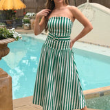 CHIC GETAWAY KELLY GREEN STRIPE MIDI DRESS