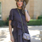 ONLINE EXCLUSIVE:  FEELS JUST RIGHT CHOCOLATE RUFFLE DRESS
