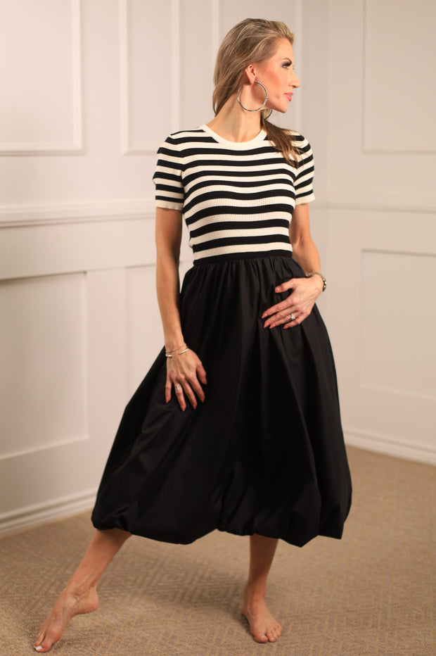 SOCIAL SEASON BLACK & CREAM STRIPED BUBBLE HEM DRESS