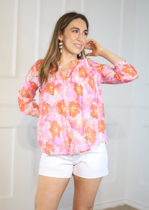 PINK PEONY FLORAL PLEATED BLOUSE