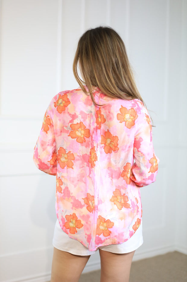 PINK PEONY FLORAL PLEATED BLOUSE