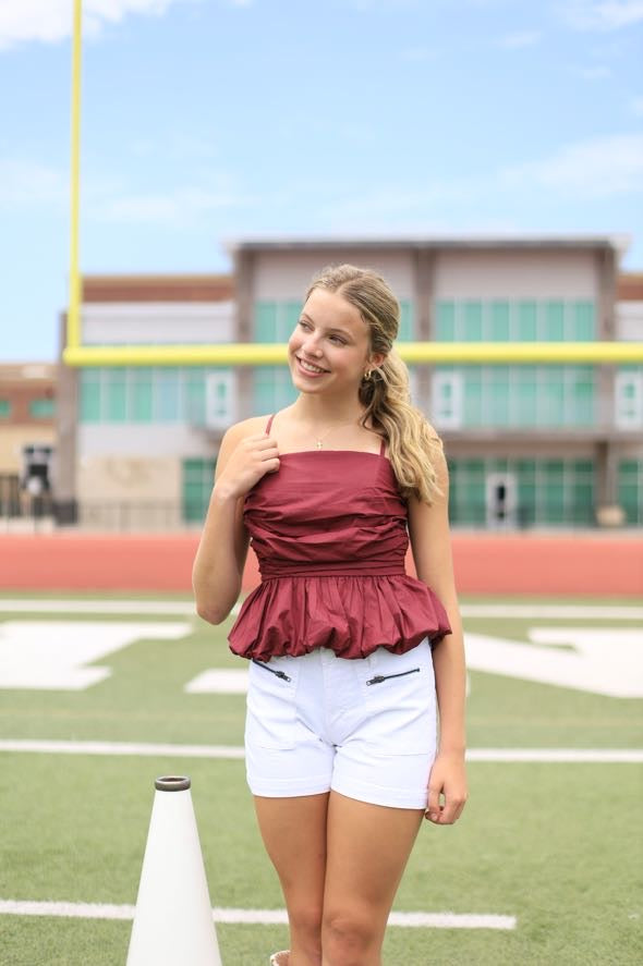FIELD GOAL CUTIE MAROON RUCHED TOP