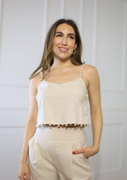 FLIRTY GLAMOUR PEARL TRIM LINEN CROP TOP