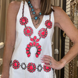 QUEEN OF SPARKLES WHITE DENIM PINK NECKLACE TANK DRESS