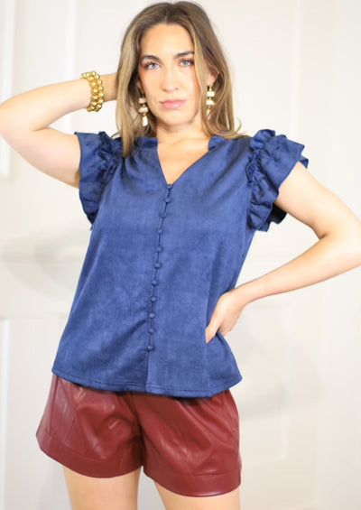 MIDNIGHT SURPRISE BLUE SUEDE RUFFLE TOP