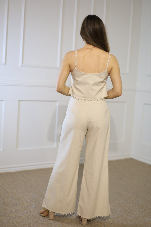 FLIRTY GLAMOUR PEARL TRIM LINEN WIDE LEG PANTS