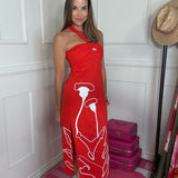 KISS AND TELL RED HALTER MIDI DRESS
