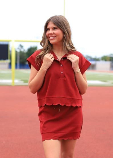 CASUAL PARTY SCALLOP SNAP FRONT TOP - BLACK, BURGUNDY OR OLIVE