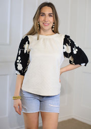 SIMPLY STATED FLORAL EMBROIDERED SLEEVE TOP