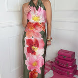 SUNSET MEADOW COWL NECK HALTER DRESS