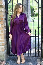 ELEGANT MOMENTS PLUM SATIN PLEATED DRESS