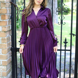 ELEGANT MOMENTS PLUM SATIN PLEATED DRESS