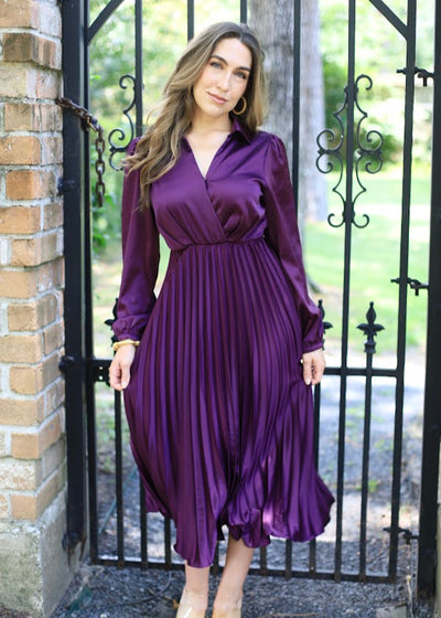 ELEGANT MOMENTS PLUM SATIN PLEATED DRESS