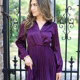 ELEGANT MOMENTS PLUM SATIN PLEATED DRESS