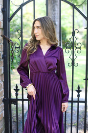 ELEGANT MOMENTS PLUM SATIN PLEATED DRESS