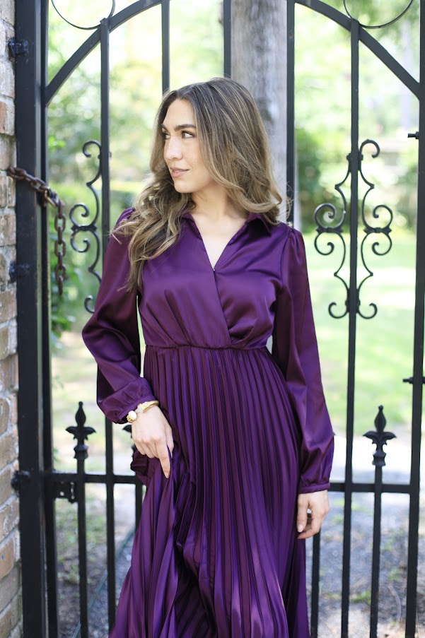 ELEGANT MOMENTS PLUM SATIN PLEATED DRESS